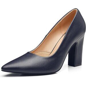 Women's Navy Blue Pointed Toe Chunky Pumps Shoes Block High Heels Comfortable